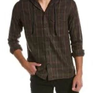 Vince Men’s XXL Brown Heather Charcoal Blue Plaid Cotton Blend Hoodie Overshirt